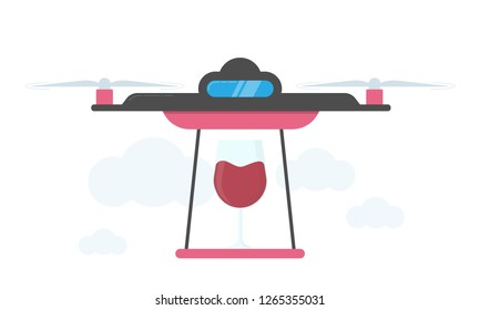 Drone Wine Delivery Concept Vector Illustration. Quadcopter transporting alcohol. Flat style design.