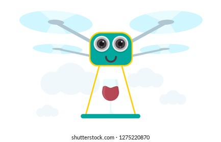 Drone Wine Delivery Concept Vector Illustration. Quadcopter transporting wine, alcohol. Flat style design.