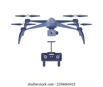 Drone or wireless helicopter with remote controller, flat vector illustration isolated on white background. Drone helicopter or quadcopter innovative technology.