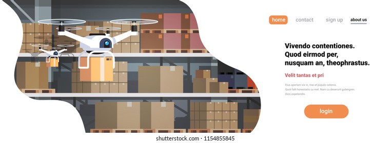 Drone working modern warehouse interior advanced robotics technology concept fast delivery artificial intelligence flat horizontal banner copy space vector illustration