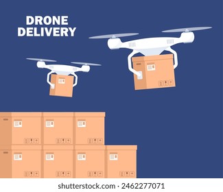 Drone working in modern warehouse. Robotics technology concept, fast delivery, artificial intelligence. Vector illustration