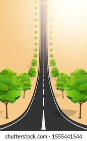 Droneception Road Landscape with trees. View on highway and plantations from above. Creative Concept of Droneception Effect. Vector Illustration.