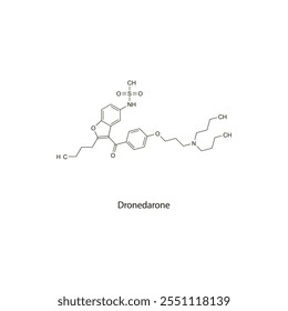 Dronedarone flat skeletal molecular structure Class III antiarrhythmic drug used in arrhythmia treatment. Vector illustration scientific diagram.