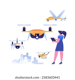 Drones in the 21st Century. Advanced quadcopters and UAVs operated by a woman using a tablet, showcasing modern drone technology for surveillance, delivery, and recreational use