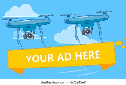 Drones with ads banner flying in sky. Multicopter advertising your business. Vector flat illustration