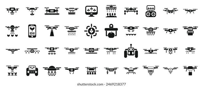 Drones in agriculture icons set vector. A collection of various types of drones and other flying machines. Some of the drones are small and others are large