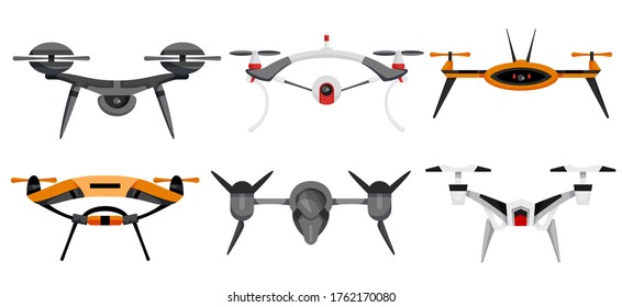 Drones. Air drones hovering. Aerial vehicle. Unmanned aircrafts. Set of modern air gadjet, quadrocopters on remote control. Flat cartoon style of aircrafts camera