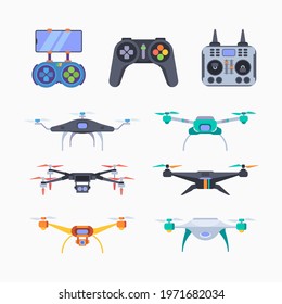 Drones. Aircraft smart delivery services flying outdoor remote control drones garish vector flat illustrations