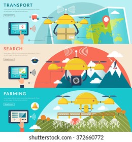 drones applications in different fields in flat design 