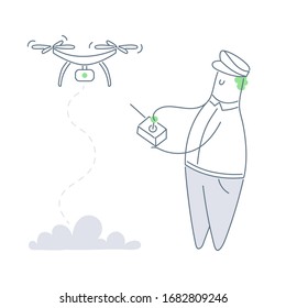 Drones and autonomous vehicles. Cute cartoon man in a pilot's cap launches a drone with the help of radio control. Pilotless machine with a camera. Flat line vector illustration on white.