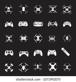 Drones black simple silhouette icons set. Vector illustration of drones and remote controlon black background. Object for advertising and web