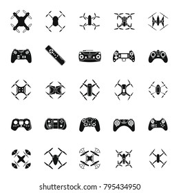Drones black simple silhouette icons set. Vector illustration of drones and remote control in silhouette stile. Object for advertising and web