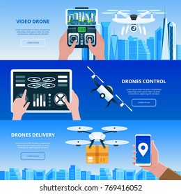 Drones with box and remote control flying over city Hands with tablet Flat design element vector illustration 