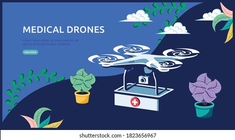 Drones carrying medical devices for emergency aid requiring rapid assistance, web landing pages, banners, presentations, social, print media