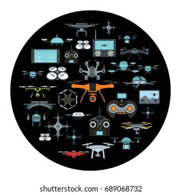 Drones cartoon icons set vector illustration for design and web isolated on black circle background. Drones vector object for labels, logos and advertising