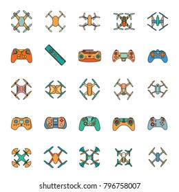 Drones in cartoon style icons set. Vector illustration of drones and remote control in cartoon stile. Object for advertising and web