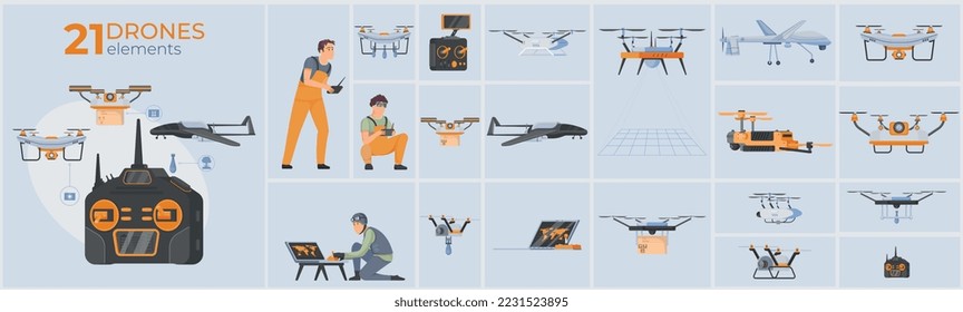 Composición de drones con vehículos aéreos no tripulados y símbolos de monitoreo ilustración vectorial aislada plana