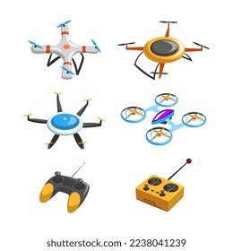 Drones with Controller as Unmanned Aircraft Isometric Vector Set