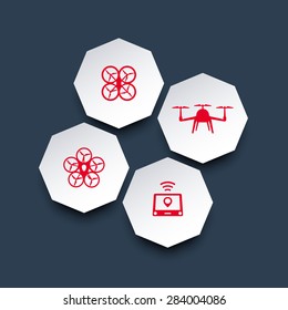 Drones, copters octagonal 3d icons in red and white, vector illustration, eps10, easy to edit