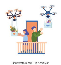 Drones deliver food and medicine people who can't go out for different reasons. Home delivery concept. Self-quarantine time. Hand drawn vector illustration isolated on white. Contactless delivery.