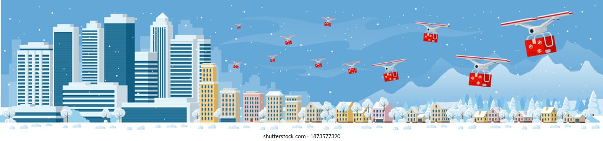 Drones with delivering Christmas gifts in the city and snow falling. Delivering by drones to home. Gifts in bright boxes. Winter city snowy downtown with skyscrapers business buildings