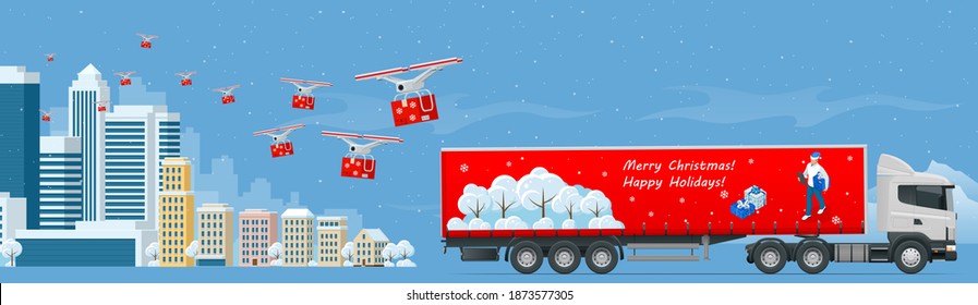 Drones with delivering Christmas gifts and truck in the city and snow falling. Delivering by drones to home. Gifts in bright boxes. Winter city snowy downtown with skyscrapers business buildings