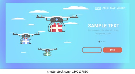 drones delivering gift present boxes sky transportation shipping air mail express delivery concept christmas holidays celebration horizontal copy space vector illustration