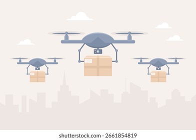 Drones entregando paquetes sobre un fondo de paisaje urbano. Ilustración vectorial plana