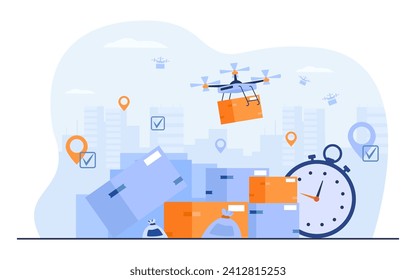 Drones delivering parcels in high season vector illustration. Carton boxes, destination points, check marks, stopwatch. Delivery failures due to high workload concept