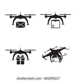 Drones delivery icons. Black on a white background