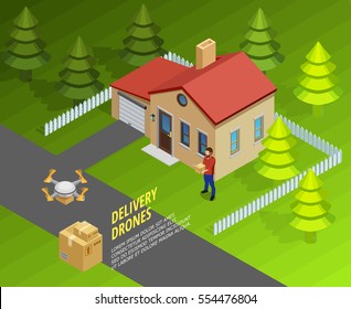 Drones delivery isometric template with logistic futuristic method of post and cargo transportation vector illustration
