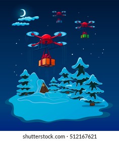 Drones Delivery Presents At Night, New Year Christmas Holiday Vector Illustration Card