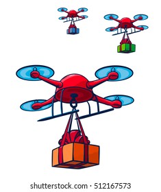 Drones Delivery Presents. Vector Illustration. Isolated.