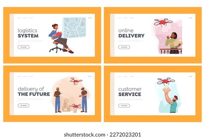 Drones Delivery Service Landing Page Template Set. Technology of Air Transportation Goods To Customers. Fast, Efficient, Cost-effective Alternative Delivery Method. Cartoon People Vector Illustration