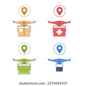 Drones for different purposes surveillance, delivery, medical and military. Remote control flying copter with propellers hold package boxes. Vector cartoon flat style isolated set