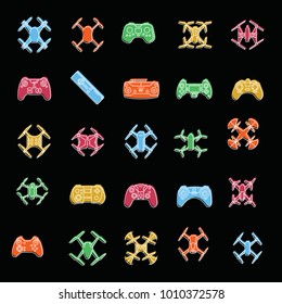 Drones in doodle style icons set. Vector illustration of drones and remote control in doodle stile. Object for advertising and web