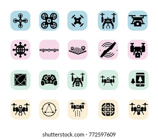 Drones and equipment isoalted flat vector icon set