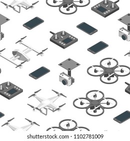 Drones and Equipment Technology Control Seamless Pattern Background on a WhiteIsometric View Professional Electronic Device for Surveillance. Vector illustration