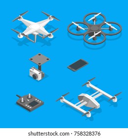 Drones and Equipment Technology Control Set Isometric View on a Blue Background Professional Electronic Device for Surveillance. Vector illustration