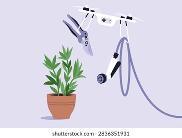 Drones equipped with gardening tools hover above green plants, offering advanced care techniques in a vibrant urban garden setting, showcasing modern technology and nature combined.