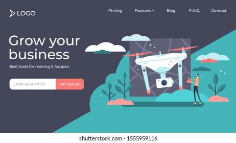 Drones flat tiny persons vector illustration landing page template design. Modern aviation technology to take areal pictures or video. Remote control wireless gadget for fly, fun, spy and exploration.
