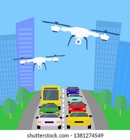 Drones fly over the city. City landscape with vehicle traffic, buildings and trees. Vector illustration.