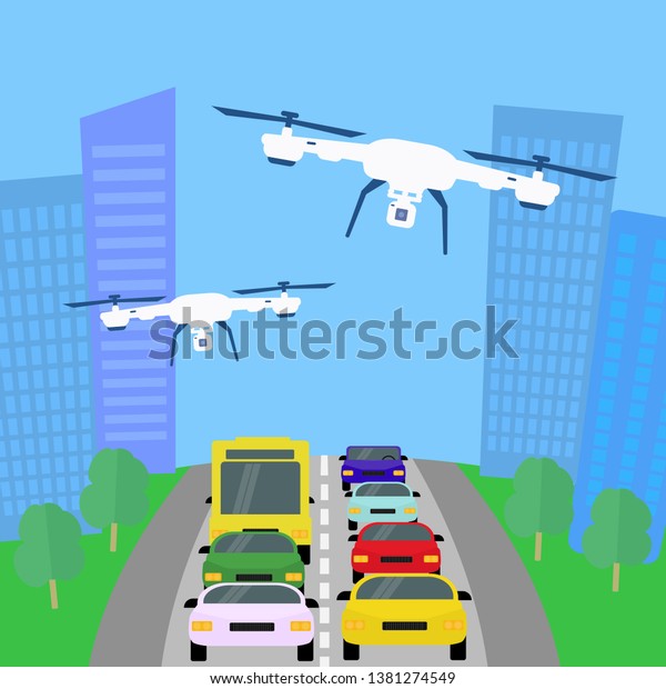 Drones fly over the city.\
City landscape with vehicle traffic, buildings and trees. Vector\
illustration.