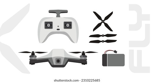 Drones fly vector pack aerial drone photography fpv camera remote set with quadcopter drone flying uav illustration