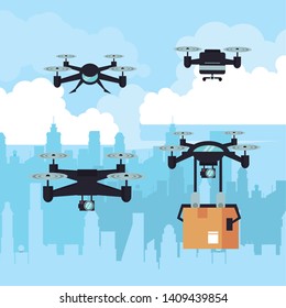 drones flying and delivering box at city scenery vector illustration graphic design