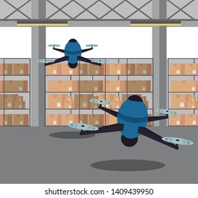 Drones flying in delivery warehouse with boxes on shelves vector illustration graphic design