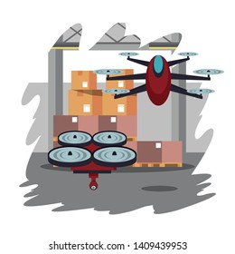 Drones flying in delivery warehouse with boxes on shelves grunge frame vector illustration graphic design