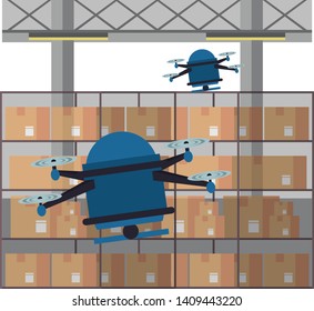 Drones flying in delivery warehouse with boxes on shelves vector illustration graphic design
