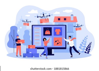 Drones flying over city, delivering parcels from internet stores to happy customers. Shoppers with digital gadgets receiving orders. Vector illustration for delivery, e-commerce, shopping concepts