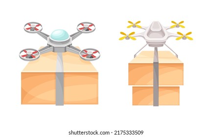 Drones flying with package boxes set. Modern delivery service technology, autonomous logistics vector illustration
